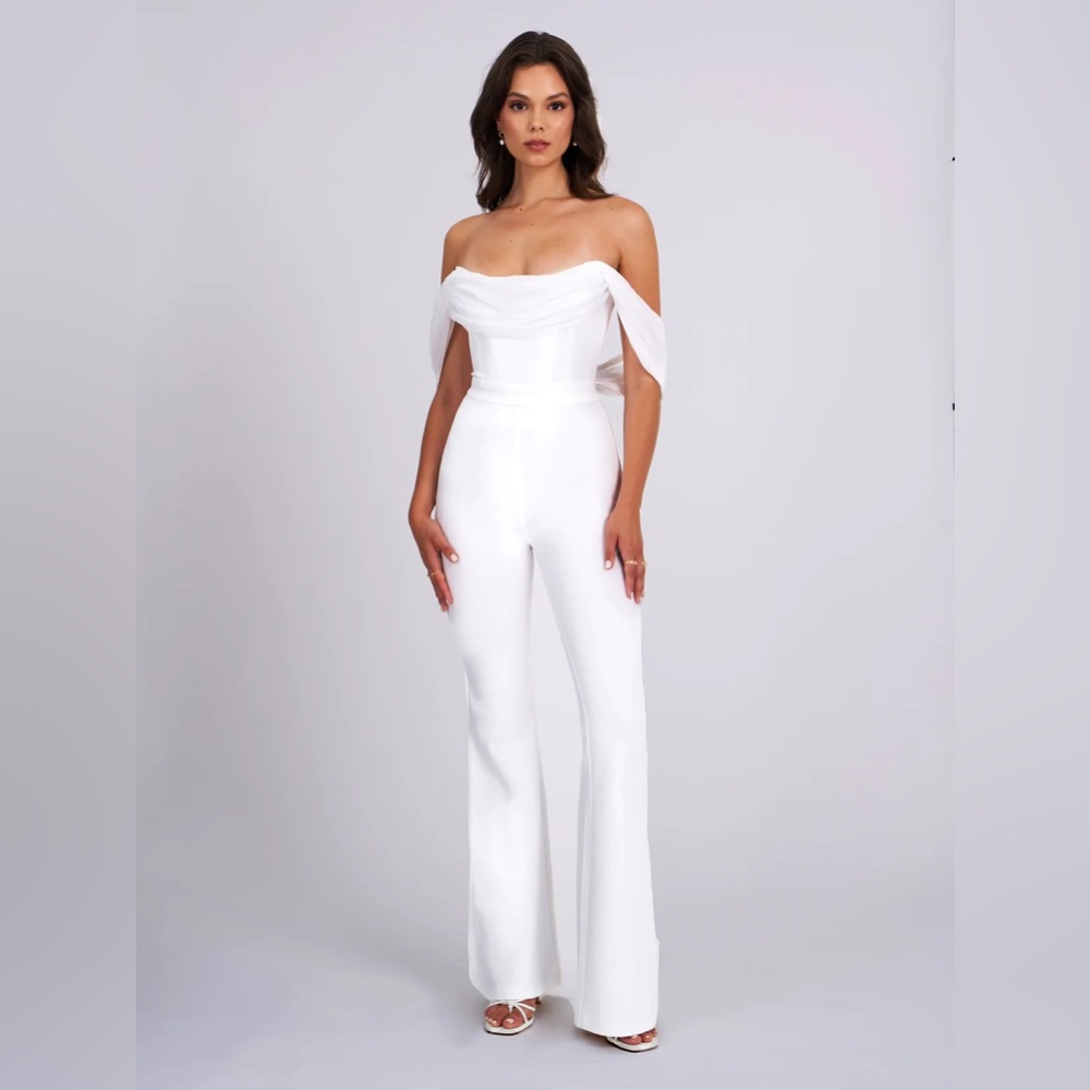 Sherlyn White Off Shoulder Flared Crepe Jumpsuit